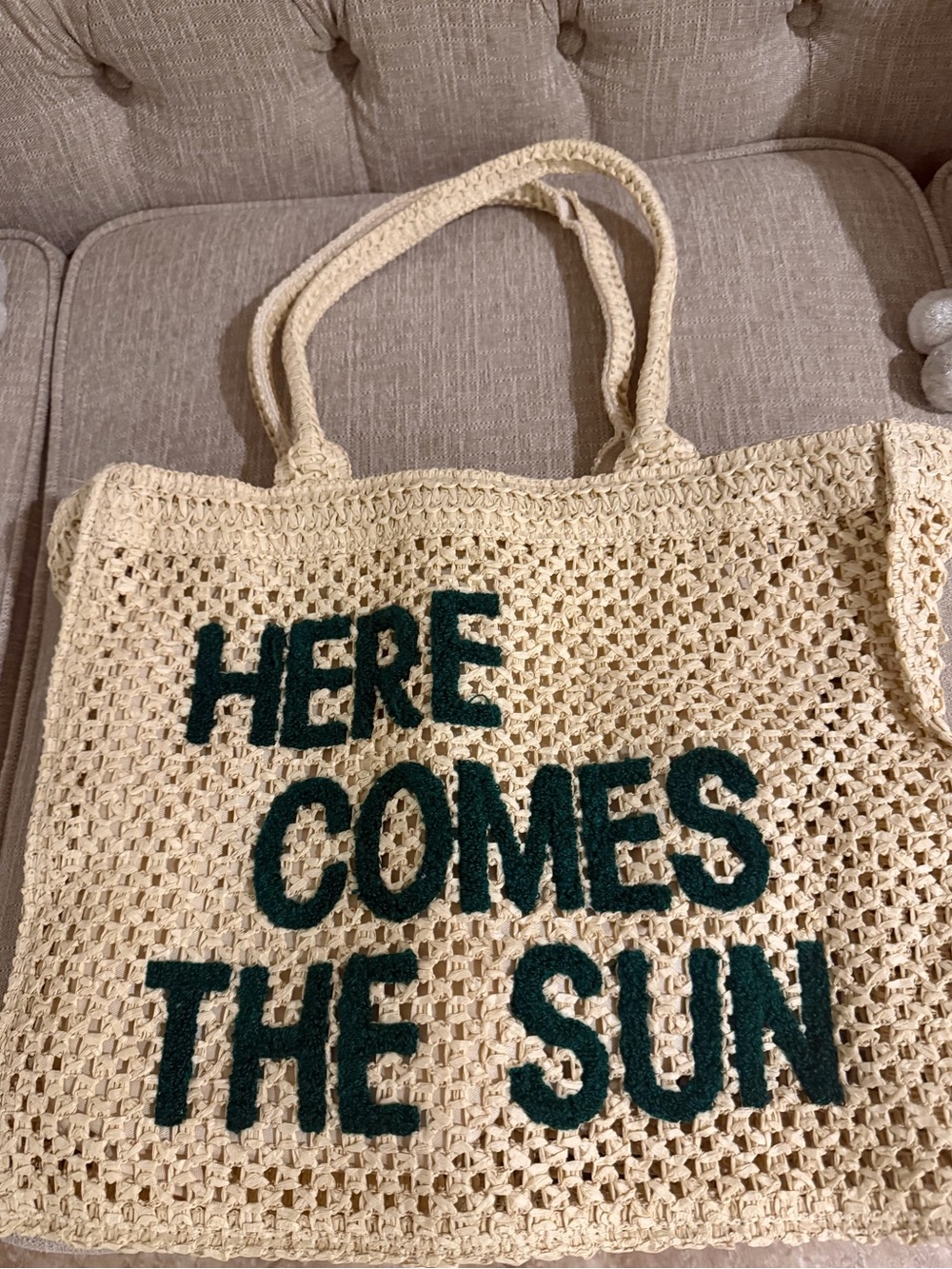 Beach straw Tote Bag - Natural with Dark Green Lettering